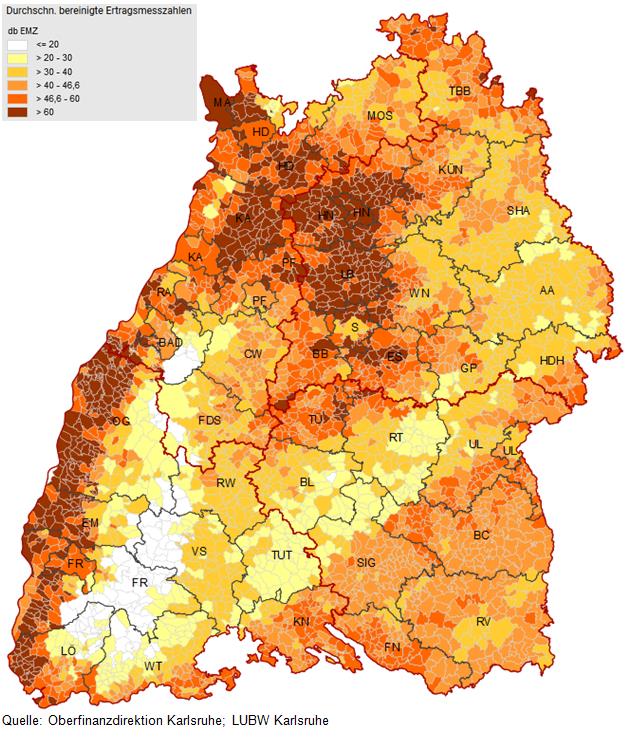 zum Vergrößern hier Klicken... Durchschnittlich bereinigte Ertragsmesszahlen in Baden-Württemberg