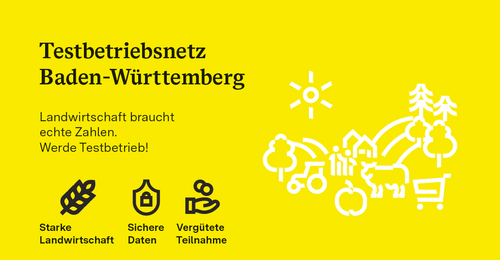 Postkarte in BW Landesgelb mit Lanschaftsicons und Schrifzug: Testbetriebsnetz BW Landwirtschaft braucht echte  Zahlen. Werde Testbetrieb!
