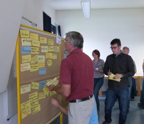 Fortbldungsteilnehmer bringen Karten an einer Pinnwand an