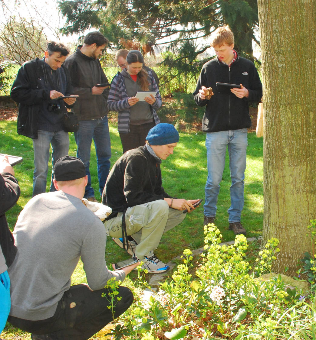 Schülerinnen und Schüler sind mit den Tablets in der Natur und erfassen Daten.
