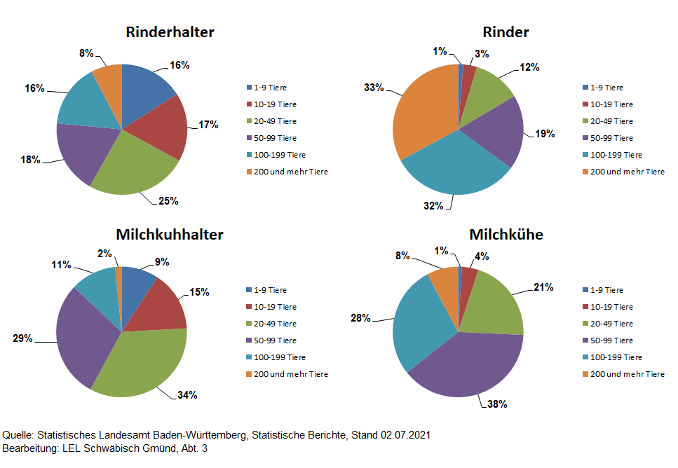 Vier Tortendiagramme mit der Darstellung der Bestandsgrößenklassen